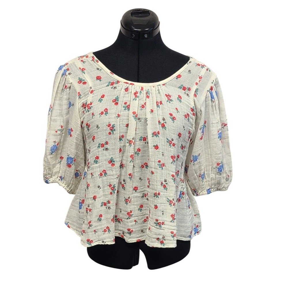 Free‎ People Floral Cotton Gauze Peplum Blouse Ivory Red Blue XS NEW WITH FLAW